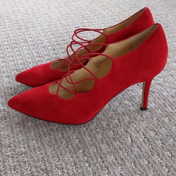 GORGEOUS "The Collection" Red Suede Leather Stretch Strapy Pointy Pumps, Sz 39 - Picture 3 of 11